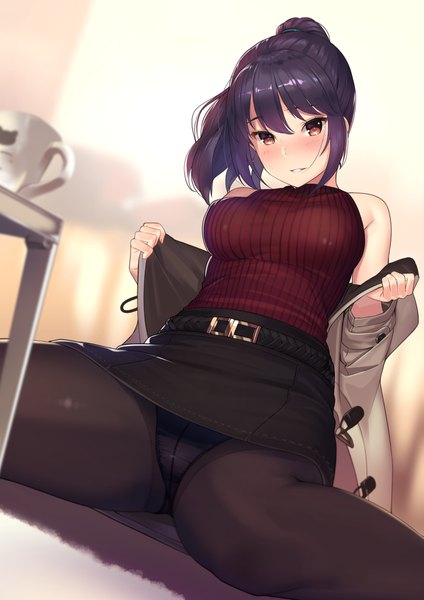Anime picture 1251x1770 with original kagematsuri single tall image looking at viewer blush fringe short hair breasts light erotic hair between eyes brown hair sitting purple eyes bare shoulders payot indoors parted lips open clothes from below