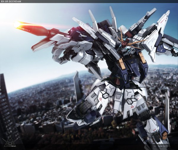 Anime picture 2000x1683 with mobile suit gundam gundam hathaway's flash sunrise (studio) xi gundam henry1025 highres signed sky character names city horizon flying no people science fiction beam rifle weapon building (buildings) mecha skyscraper