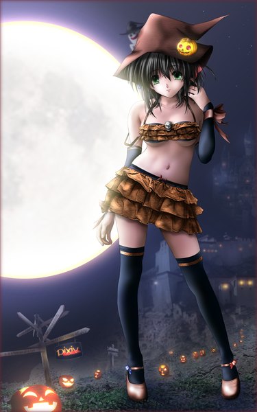 Anime picture 1000x1600 with original gisarme single tall image short hair black hair green eyes midriff girl thighhighs skirt navel black thighhighs detached sleeves miniskirt moon witch hat bikini top