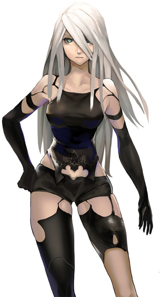 Anime picture 675x1200 with nier nier:automata yorha type a no. 2 laio single long hair tall image looking at viewer fringe blue eyes simple background standing white background bare shoulders silver hair white hair hair over one eye mole mole under mouth girl