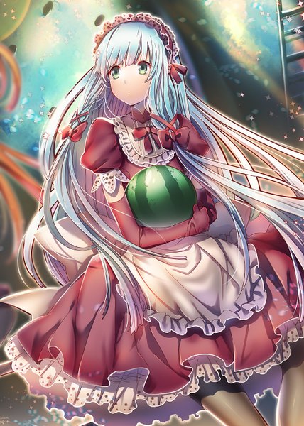 Anime picture 1000x1400 with aoki hagane no arpeggio i-402 (aoki hagane no arpeggio) suou sakura single long hair tall image green eyes blue hair looking away puffy sleeves girl thighhighs gloves bow black thighhighs hair bow elbow gloves food hairband apron