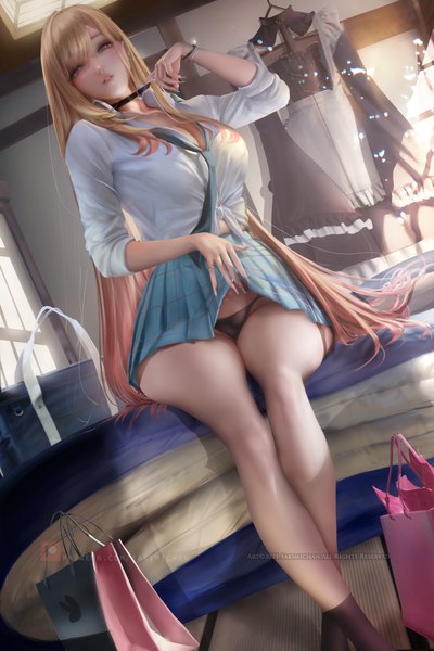 Anime picture 2400x3600 with sono bisque doll wa koi wo suru cloverworks kitagawa marin sakimichan single tall image looking at viewer fringe highres breasts light erotic blonde hair red eyes large breasts sitting cleavage indoors very long hair parted lips head tilt