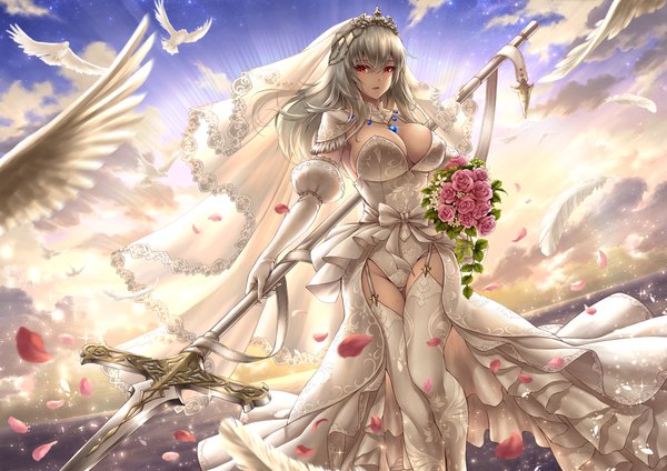 Anime-Bild 1697x1200 mit azur lane saint-louis (azur lane) lioreo single long hair looking at viewer fringe breasts light erotic hair between eyes red eyes large breasts holding sky cloud (clouds) outdoors parted lips grey hair mole sparkle