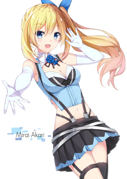Anime picture 1003x1416 with virtual youtuber mirai akari project mirai akari taiyaki (astre) single long hair tall image looking at viewer fringe open mouth blue eyes simple background blonde hair hair between eyes white background :d pleated skirt midriff character names side ponytail