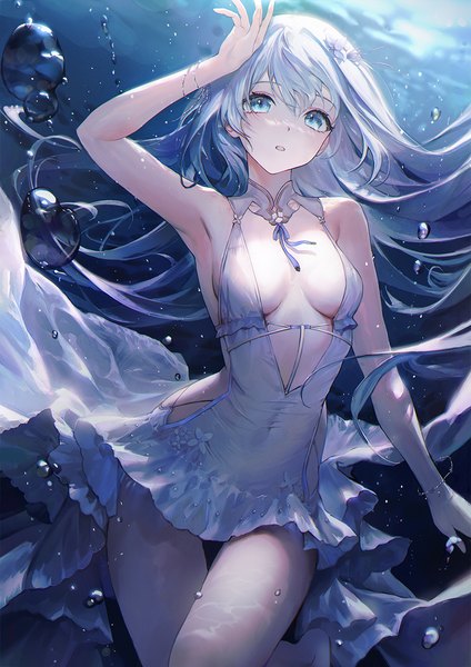 Anime picture 900x1273 with original minncn single long hair tall image fringe breasts open mouth blue eyes light erotic looking away white hair arm up hair flower armpit (armpits) thigh gap covered navel underwater revision girl