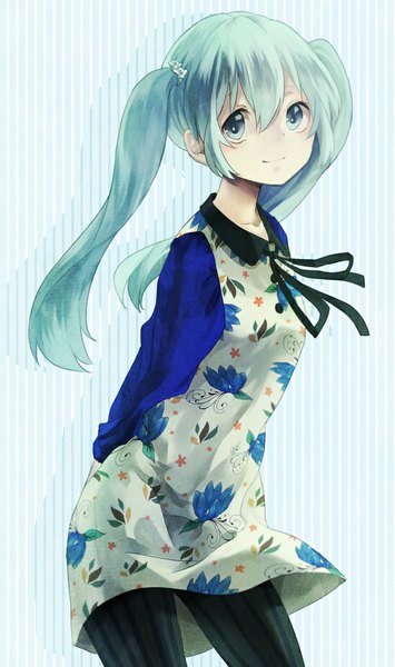 Anime picture 593x1000 with vocaloid hatsune miku nonoharak single long hair tall image looking at viewer smile twintails aqua eyes wind aqua hair hands behind back girl dress pantyhose striped pantyhose