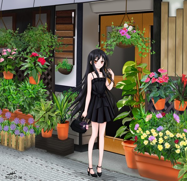Anime picture 1400x1356 with accel world sunrise (studio) kuroyukihime nihility (artist) single long hair blush black hair brown eyes girl flower (flowers) plant (plants) bag sundress