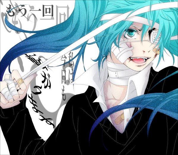 Anime picture 1850x1615 with vocaloid rolling girl (vocaloid) hatsune miku ryoko (pixiv) single long hair highres open mouth smile twintails aqua eyes aqua hair open collar injury bandaid on face bandaid on hand bruise girl bandage (bandages) eyepatch