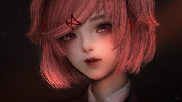 Anime picture 1460x823 with doki doki literature club natsuki (doki doki literature club) alqmia single looking at viewer short hair simple background wide image pink hair parted lips pink eyes realistic two side up black background face girl x hair ornament