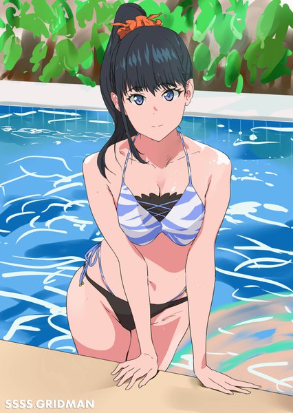 Anime picture 5097x7180 with gridman universe ssss.gridman studio trigger takarada rikka tonotyama single long hair tall image looking at viewer fringe highres breasts blue eyes light erotic black hair hair between eyes bare shoulders absurdres ponytail leaning