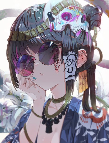 Anime picture 2024x2652 with original mont blanca single long hair tall image looking at viewer highres black hair upper body nail polish pink eyes tattoo piercing ear piercing hand on face girl hair ornament necklace sunglasses hair tubes