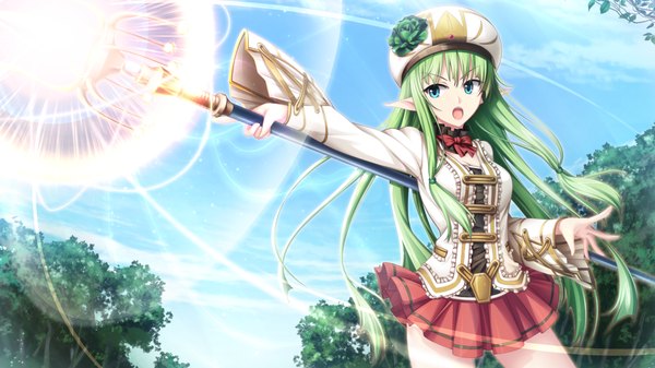 Anime picture 1280x720 with madou koukaku eushully single long hair looking at viewer open mouth blue eyes wide image standing game cg sky green hair pointy ears magic fighting stance girl dress skirt plant (plants) hat