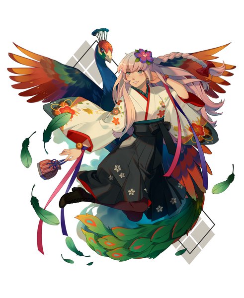 Anime picture 1153x1409 with original ygoy single long hair tall image fringe simple background smile white background holding looking away pink hair full body bent knee (knees) braid (braids) traditional clothes japanese clothes arm up hair flower aqua eyes