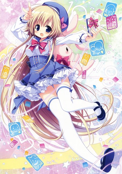 Anime picture 2315x3300 with original eshi 100-nin ten nagayama yuunon single tall image looking at viewer blush highres open mouth blue eyes blonde hair very long hair girl thighhighs dress bow white thighhighs beret mobile phone