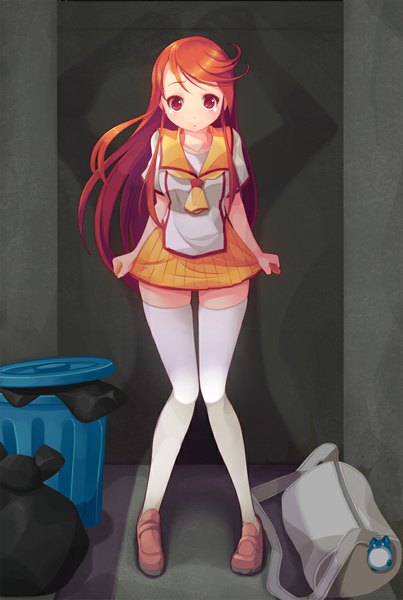 Anime picture 672x1000 with original koflif single long hair tall image looking at viewer red eyes orange hair zettai ryouiki alley girl thighhighs skirt uniform school uniform white thighhighs bag