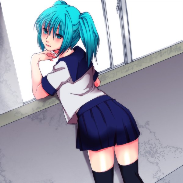 Anime picture 1600x1600 with vocaloid hatsune miku single long hair looking at viewer blush fringe twintails looking back aqua eyes lips aqua hair short twintails girl thighhighs uniform black thighhighs school uniform window