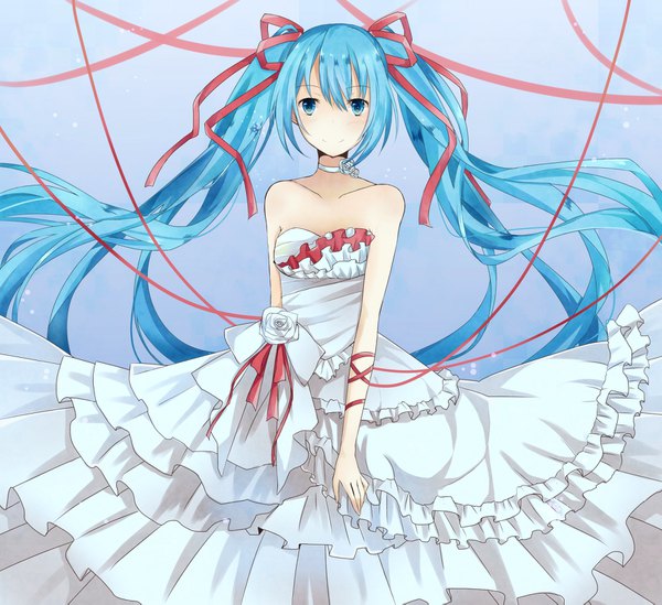 Anime picture 1700x1557 with vocaloid hatsune miku kisaragi yuri single long hair looking at viewer fringe blue eyes simple background smile hair between eyes twintails bare shoulders blue hair grey background gradient background girl dress ribbon (ribbons) hair ribbon