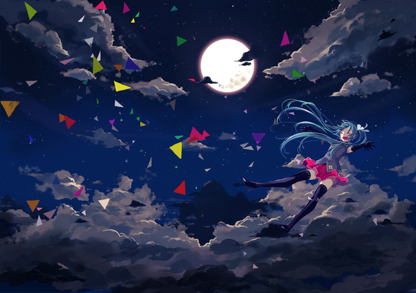 Anime picture 2107x1487 with vocaloid hatsune miku vient single long hair highres open mouth twintails blue hair sky cloud (clouds) eyes closed very long hair aqua hair night zettai ryouiki night sky happy spread arms flying