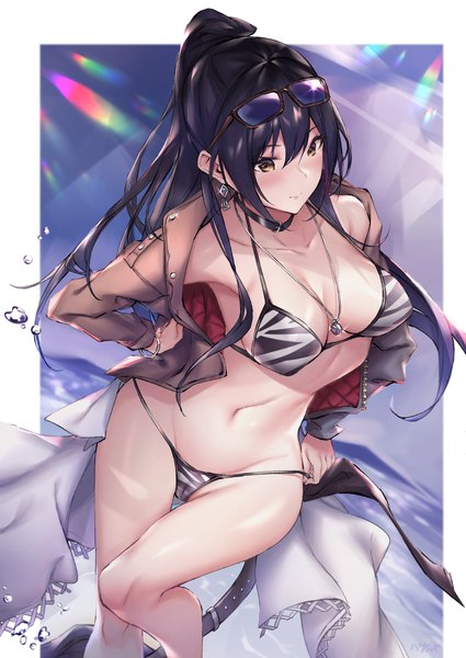 Anime picture 836x1180 with idolmaster idolmaster shiny colors shirase sakuya parfaitlate single long hair tall image blush fringe breasts light erotic black hair hair between eyes large breasts bare shoulders signed yellow eyes payot looking away cleavage