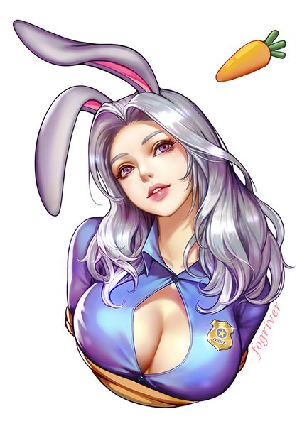 Anime picture 638x900 with zootopia disney judy hopps fogriver single long hair tall image looking at viewer breasts light erotic simple background large breasts white background purple eyes signed animal ears payot silver hair upper body parted lips