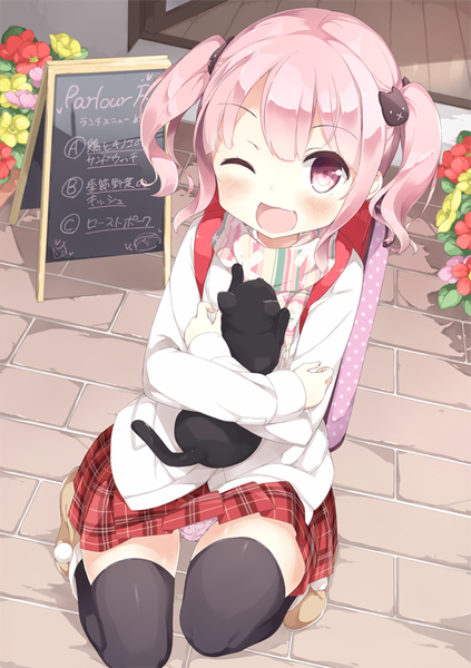 Anime picture 600x850 with original nomio long hair tall image looking at viewer blush fringe open mouth light erotic smile sitting twintails pink hair eyes closed pleated skirt one eye closed pink eyes from above wink plaid skirt