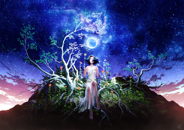 Anime picture 1495x1057 with original mocha (cotton) single short hair blue eyes black hair sitting bare shoulders signed sky cloud (clouds) full body night night sky evening looking up fantasy girl dress flower (flowers)