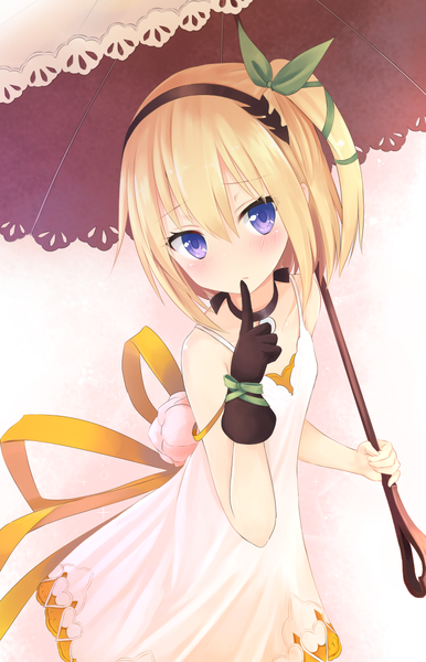 Anime picture 772x1200 with tales of (series) tales of zestiria edna (tales) pi-pie single tall image looking at viewer blush fringe short hair blonde hair purple eyes one side up finger to mouth thinking girl dress gloves hair ornament ribbon (ribbons)