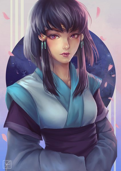 Anime picture 778x1100 with tenchi muyou! anime international company masaki aeka jurai washuu single tall image blush fringe short hair black hair large breasts standing purple eyes signed payot upper body long sleeves traditional clothes realistic lipstick