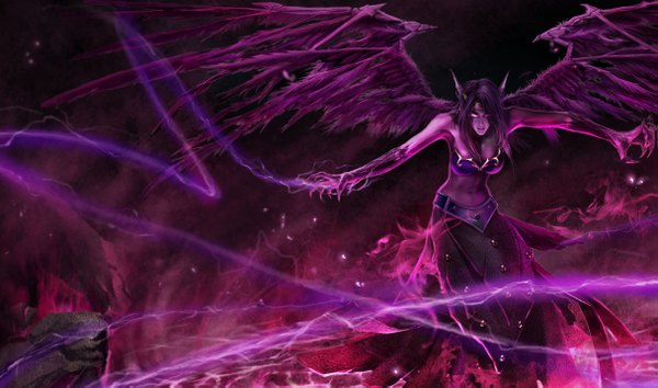 Anime picture 1215x717 with league of legends morgana (league of legends) single long hair breasts wide image large breasts purple eyes purple hair pointy ears magic lightning girl navel wings