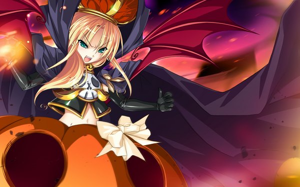 Anime picture 1920x1200 with prismatic princess union stars long hair highres open mouth blonde hair wide image green eyes game cg girl gloves navel wings elbow gloves suit