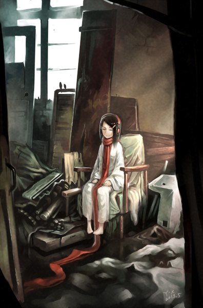 Anime picture 1057x1600 with original yuushoku single long hair tall image brown hair sitting eyes closed barefoot girl hair ornament window hairclip headphones scarf chair room door