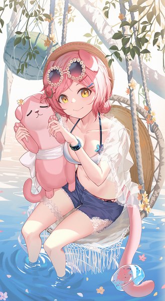 Anime picture 800x1457 with arknights goldenglow (arknights) goldenglow (summer flowers) (arknights) nian (zhanian) single tall image looking at viewer short hair breasts light erotic smile sitting animal ears yellow eyes pink hair tail animal tail cat ears arms up cat girl