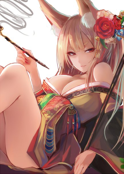 Anime picture 646x900 with original nakaichi (ridil) single long hair tall image looking at viewer breasts light erotic simple background blonde hair red eyes large breasts white background bare shoulders holding animal ears bent knee (knees) nail polish traditional clothes parted lips