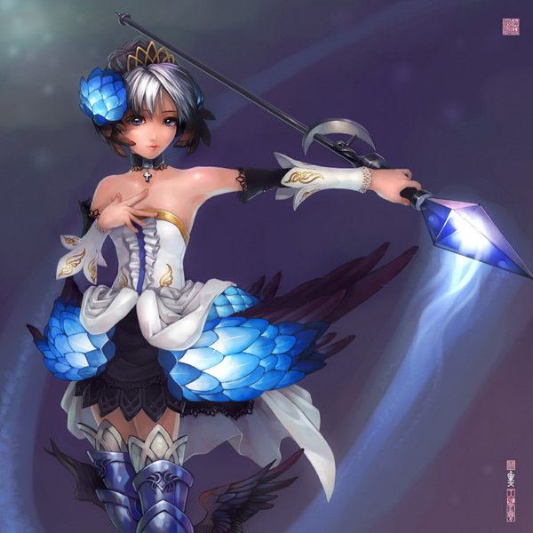 Anime picture 1100x1100 with odin sphere vanillaware gwendolyn single looking at viewer short hair purple eyes bare shoulders silver hair lips girl dress hair ornament weapon detached sleeves wings cross spear
