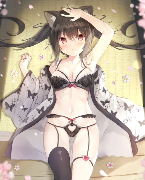 Anime picture 1685x2093 with original saeki sora single long hair tall image looking at viewer blush fringe light erotic hair between eyes red eyes brown hair twintails animal ears payot lying nail polish traditional clothes japanese clothes arm up
