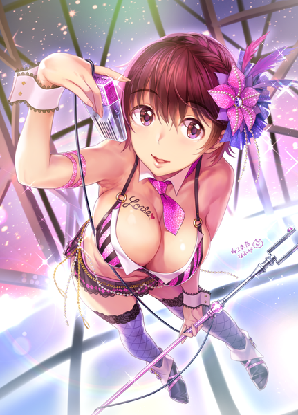 Anime picture 862x1200 with idolmaster idolmaster cinderella girls oikawa shizuku nekomata naomi single tall image looking at viewer fringe short hair breasts light erotic large breasts standing purple eyes bare shoulders holding signed cleavage full body red hair