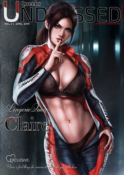 Anime picture 1100x1556 with resident evil claire redfield dandon fuga single long hair tall image looking at viewer fringe breasts blue eyes light erotic brown hair large breasts standing payot cleavage ponytail lips realistic character names