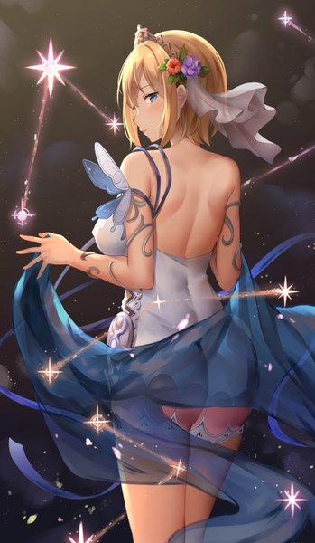 Anime picture 583x1000 with granblue fantasy europa (granblue fantasy) suzuame yatsumi single tall image looking at viewer blush fringe short hair breasts light erotic blonde hair hair between eyes large breasts standing bare shoulders ass profile looking back hair flower