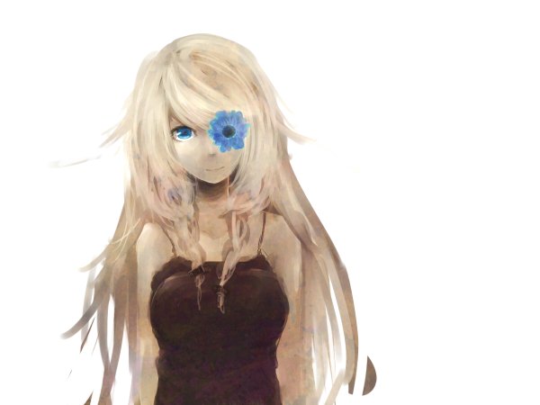 Anime picture 1200x900 with vocaloid ia (vocaloid) hassan (sink916) single long hair looking at viewer fringe breasts blue eyes simple background smile standing white background bare shoulders white hair braid (braids) twin braids girl dress flower (flowers)