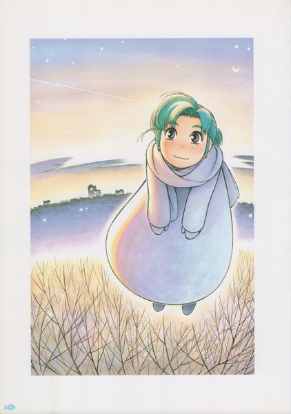 Anime picture 2112x3000 with yokohama kaidashi kikou yokohama kaidashi kikou: ashinano hitoshi art collection (artbook) hatsuseno alpha ashinano hitoshi single tall image looking at viewer highres short hair smile purple eyes long sleeves green hair from above scan border :3 bare tree twilight girl