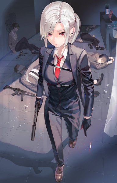 Anime picture 1918x3000 with original kfr long hair tall image fringe highres red eyes holding looking away full body white hair ponytail indoors long sleeves from above open clothes multiple boys shadow solo focus walking