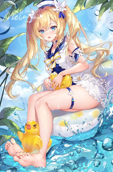Anime picture 1500x2268 with genshin impact barbara (genshin impact) barbara (summertime sparkle) (genshin impact) melailai single long hair tall image blush fringe open mouth blue eyes blonde hair hair between eyes sitting twintails signed payot looking away sky cloud (clouds)
