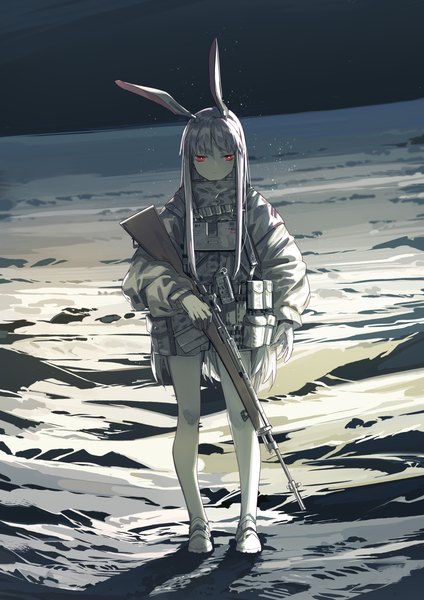 Anime-Bild 1771x2508 mit touhou reisen udongein inaba azling single tall image looking at viewer highres red eyes standing animal ears payot bunny ears alternate costume girl gloves weapon jacket gun rifle