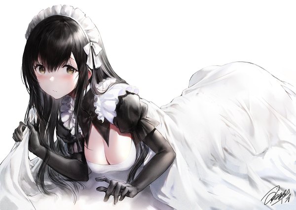 Anime-Bild 1200x853 mit original iori (cpeilad) single long hair looking at viewer blush fringe breasts light erotic black hair simple background hair between eyes large breasts white background holding signed yellow eyes cleavage lying short sleeves