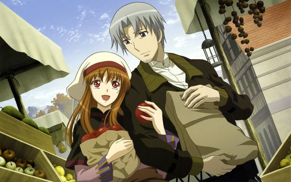Anime picture 1920x1200 with spice and wolf horo craft lawrence long hair highres open mouth blue eyes red eyes brown hair wide image sky silver hair wolf girl girl boy building (buildings) cap apple paper bag