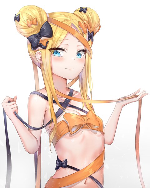 Anime picture 1000x1251 with fate (series) fate/grand order abigail williams (fate) nyung single long hair tall image looking at viewer blush fringe breasts blue eyes light erotic simple background blonde hair standing white background payot naked ribbon girl