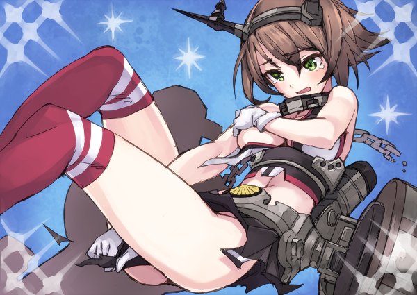 Anime picture 1200x850 with kantai collection mutsu battleship matsuryuu single blush short hair breasts light erotic brown hair green eyes tears torn clothes girl thighhighs skirt gloves miniskirt white gloves headdress chain