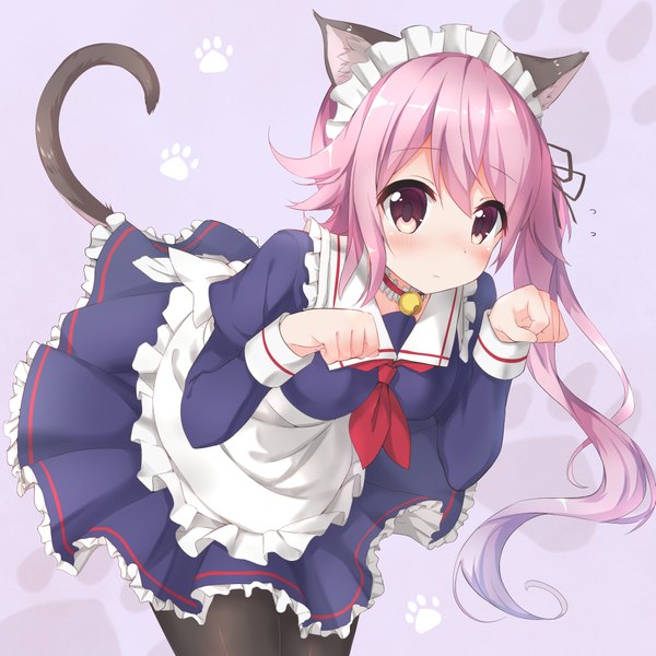Anime picture 2039x2039 with kantai collection harusame destroyer ezoshika gg single long hair looking at viewer blush fringe highres animal ears payot pink hair tail animal tail pink eyes cat ears maid cat girl cat tail side ponytail
