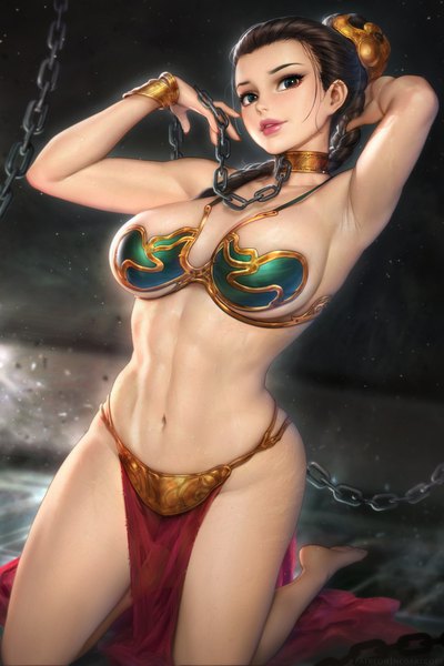 Anime picture 2400x3597 with star wars princess leia organa solo nudtawut thongmai single long hair tall image looking at viewer highres breasts light erotic brown hair large breasts braid (braids) barefoot arm up lips black eyes realistic armpit (armpits) kneeling