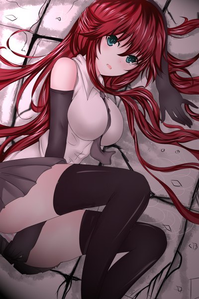 Anime picture 2400x3600 with trinity seven asami lilith re:rin single long hair tall image looking at viewer blush fringe highres breasts open mouth blue eyes light erotic large breasts bare shoulders bent knee (knees) red hair lying pleated skirt